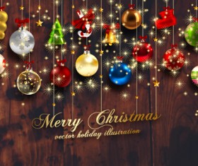 2015 Christmas baubles with dark wood background vector 03