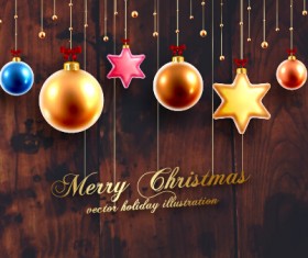 2015 Christmas baubles with dark wood background vector 04