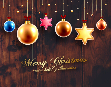 2015 Christmas baubles with dark wood background vector 04