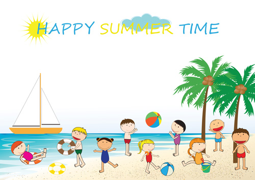 Children and beach summer background vector 02