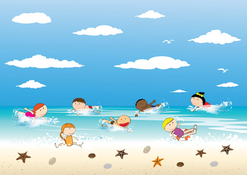 Children and beach summer background vector 08