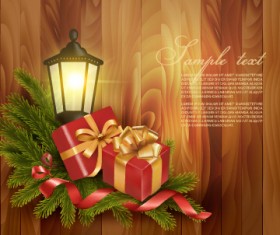 Christmas gift with lamp wooden background vector