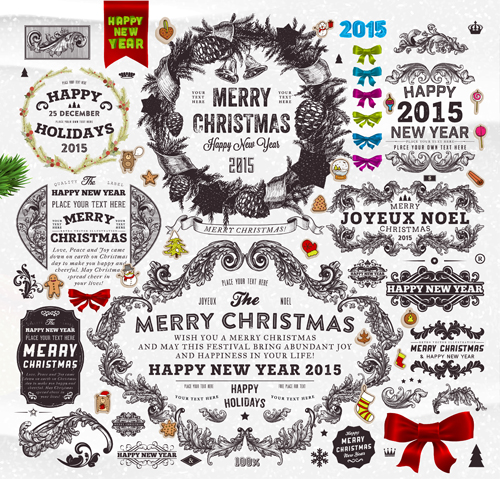 Christmas ornament elements and labels vector material 03