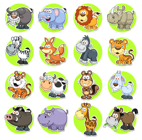 Cute animal round icons set vector 01