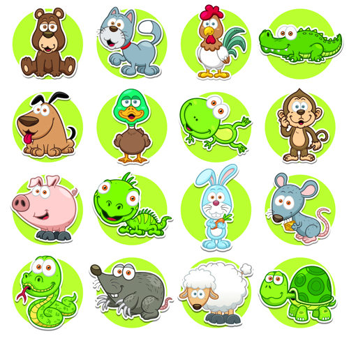 Cute animal round icons set vector 02