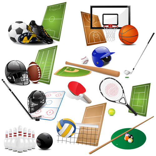 Different sports equipment vector icons 03