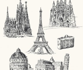 Famous cities buildings hand drawn vector 01