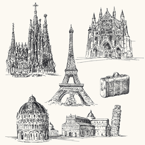 Famous cities buildings hand drawn vector 01