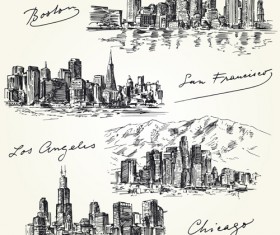 Famous cities buildings hand drawn vector 02
