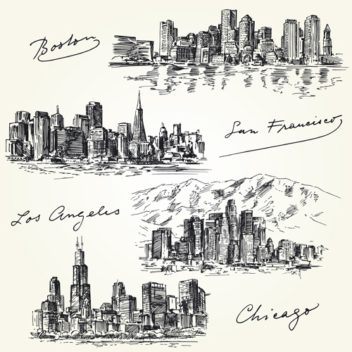 Famous cities buildings hand drawn vector 02