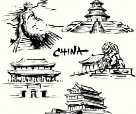 Famous cities buildings hand drawn vector 04