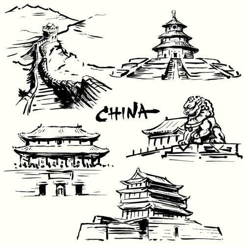 Famous cities buildings hand drawn vector 04