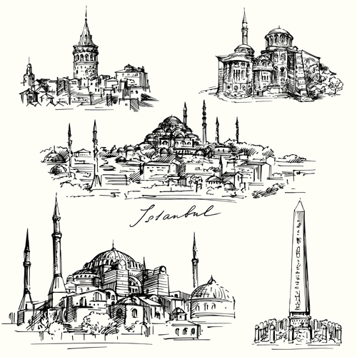 Famous cities buildings hand drawn vector 05