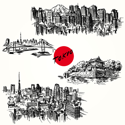 Famous cities buildings hand drawn vector 06