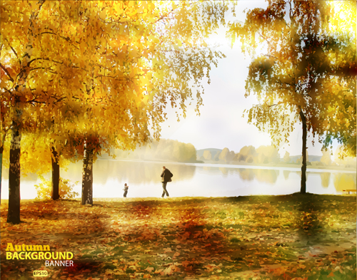 Golden yellow autumn nature landscape vector 01