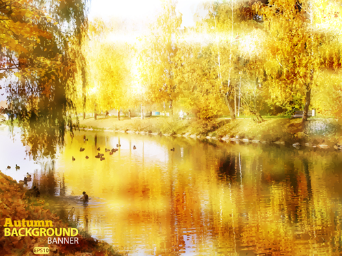 Golden yellow autumn nature landscape vector 02