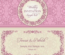 Ornate pink floral wedding invitations vector 01