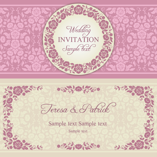 Ornate pink floral wedding invitations vector 01