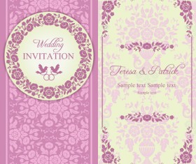 Ornate pink floral wedding invitations vector 02