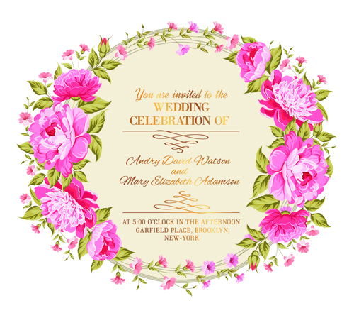 Pink flower frame wedding invitation cards 02 free download