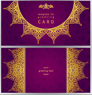 Purple with golden ornate greeting cards vector 01