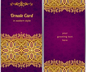Purple with golden ornate greeting cards vector 02