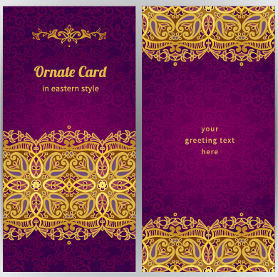 Purple with golden ornate greeting cards vector 02