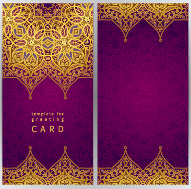 Purple with golden ornate greeting cards vector 03