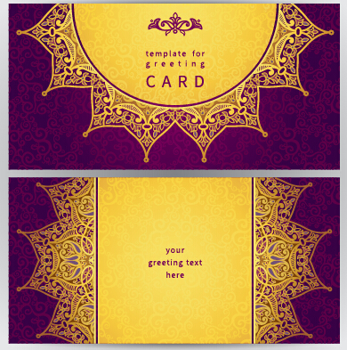 Purple with golden ornate greeting cards vector 04