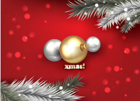 Red xmas background with golden baubles vector