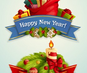 Ribbon christmas with new year labels vector 01