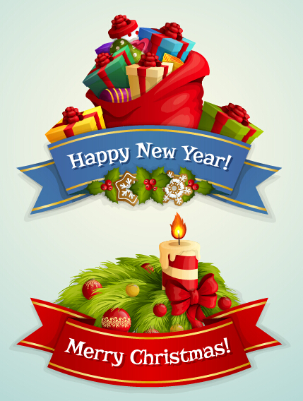 Ribbon christmas with new year labels vector 01