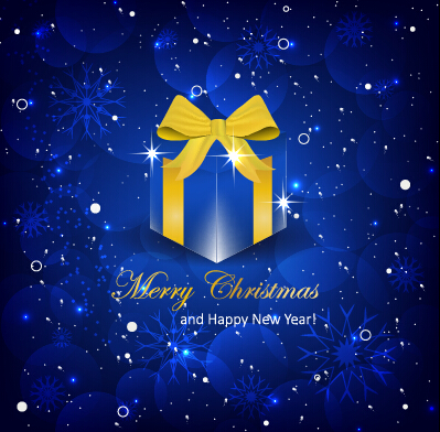 Shiny blue christmas backgroun with gift box vector