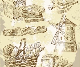 Sketch bread and windmills vector