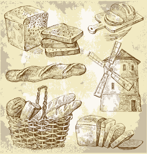 Sketch bread and windmills vector