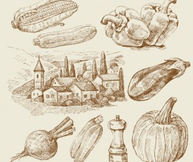 Sketch village with vegetables vector 01