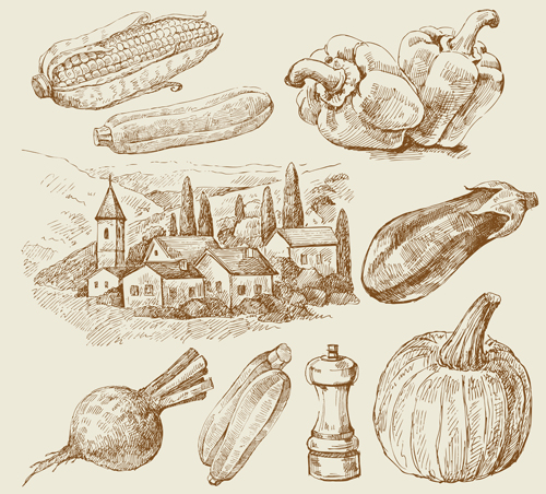 Sketch village with vegetables vector 01