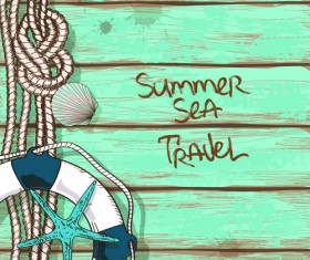 Wood plank with rope sea background vector 03
