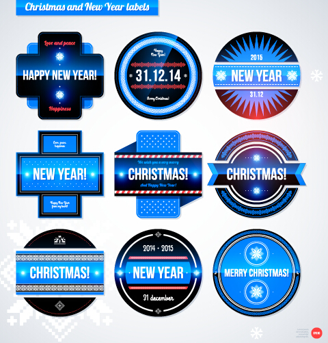 2015 Christmas and New Year labels blue style vector 05