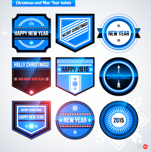 2015 Christmas and New Year labels blue style vector 07