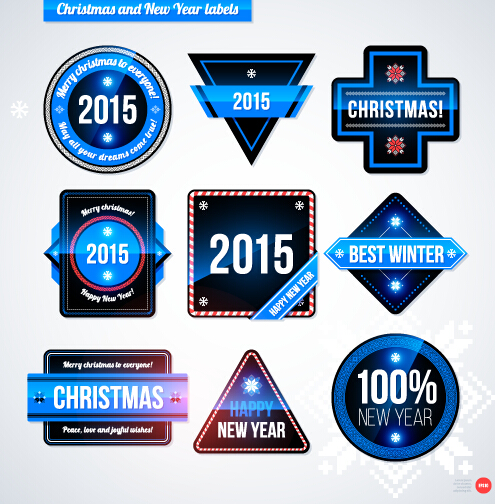2015 Christmas and New Year labels blue style vector 09