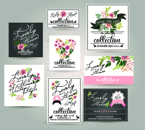 Cards with elegant flower vector set