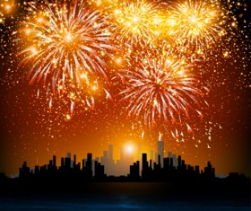 City night with fireworks vector background
