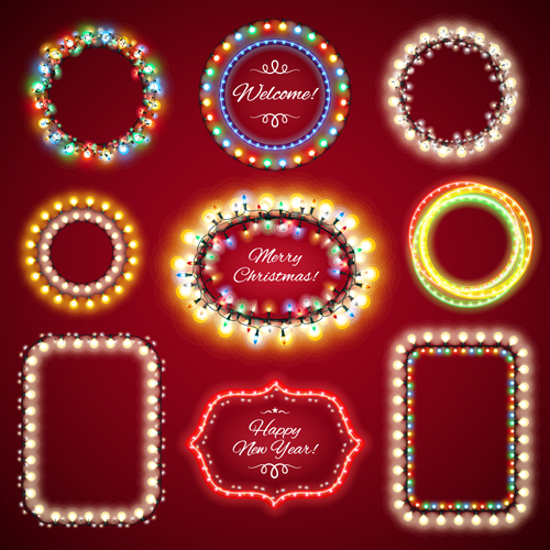 Colored lights christmas frames vector set 01