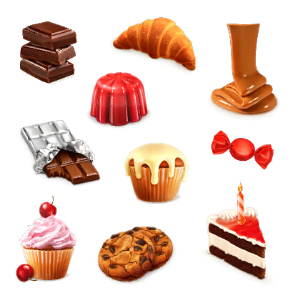 Cookies with sweets and cake vector icons set 01