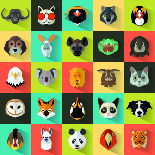 Different animal head icons vector set 01