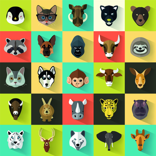 Different animal head icons vector set 02