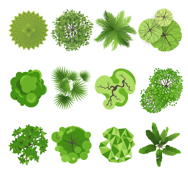 Different green trees icons vector 01