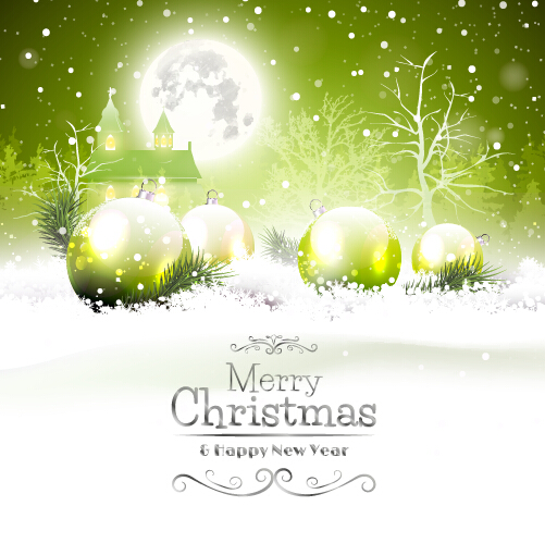 Fairytale christmas background with green xmas ball vector