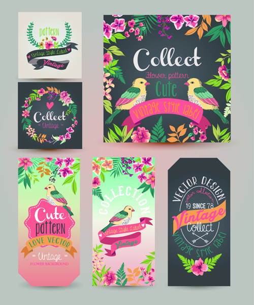 Flower with birds vintage cards vector 01